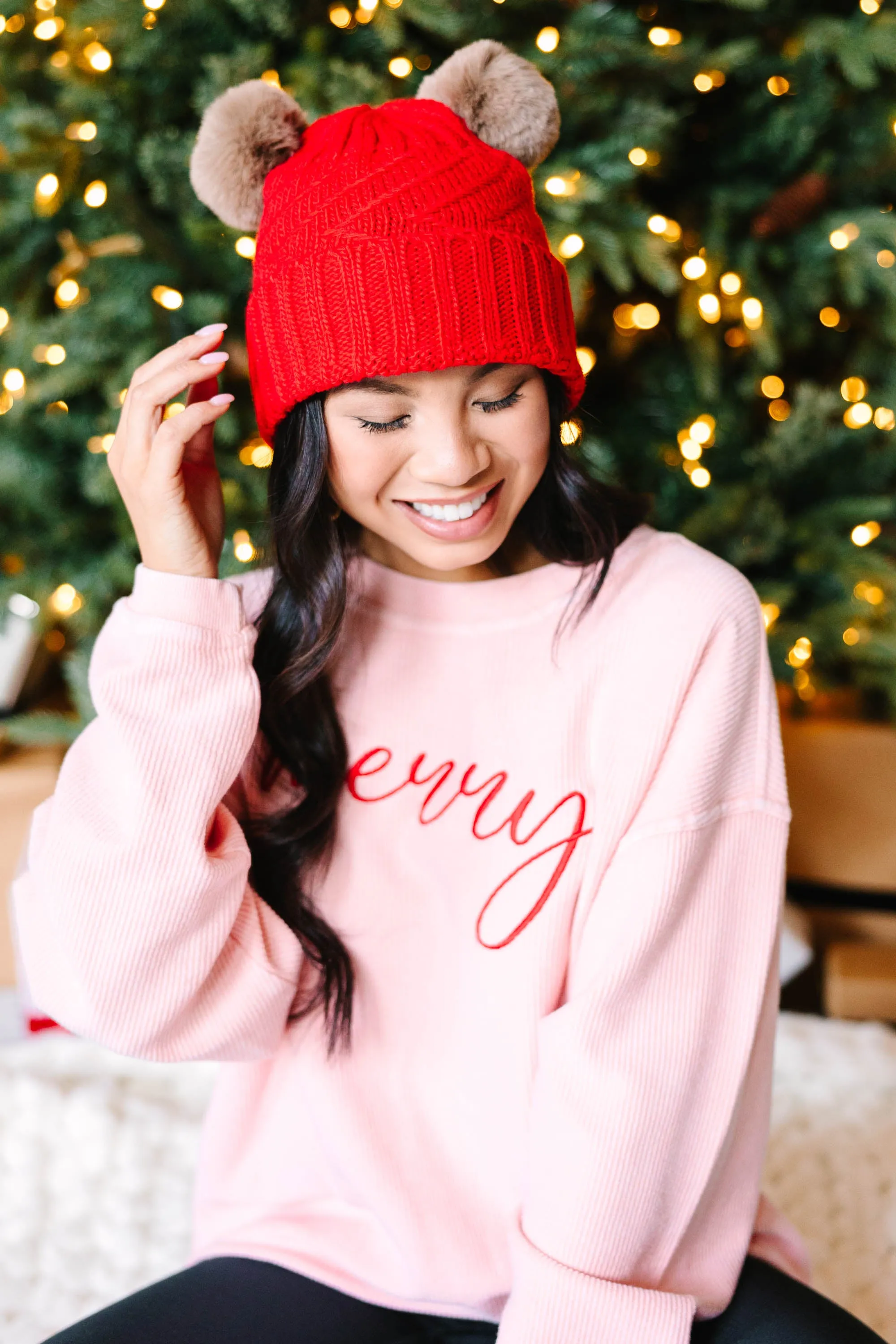 All About It Red Pompom Beanie