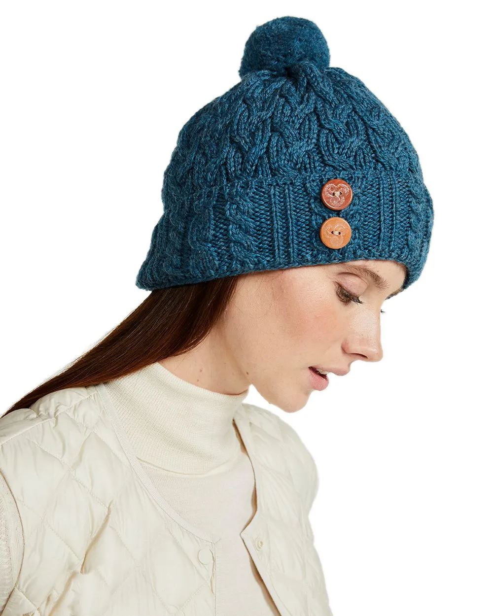 Aran Chunky Knit Button Bobble Hat