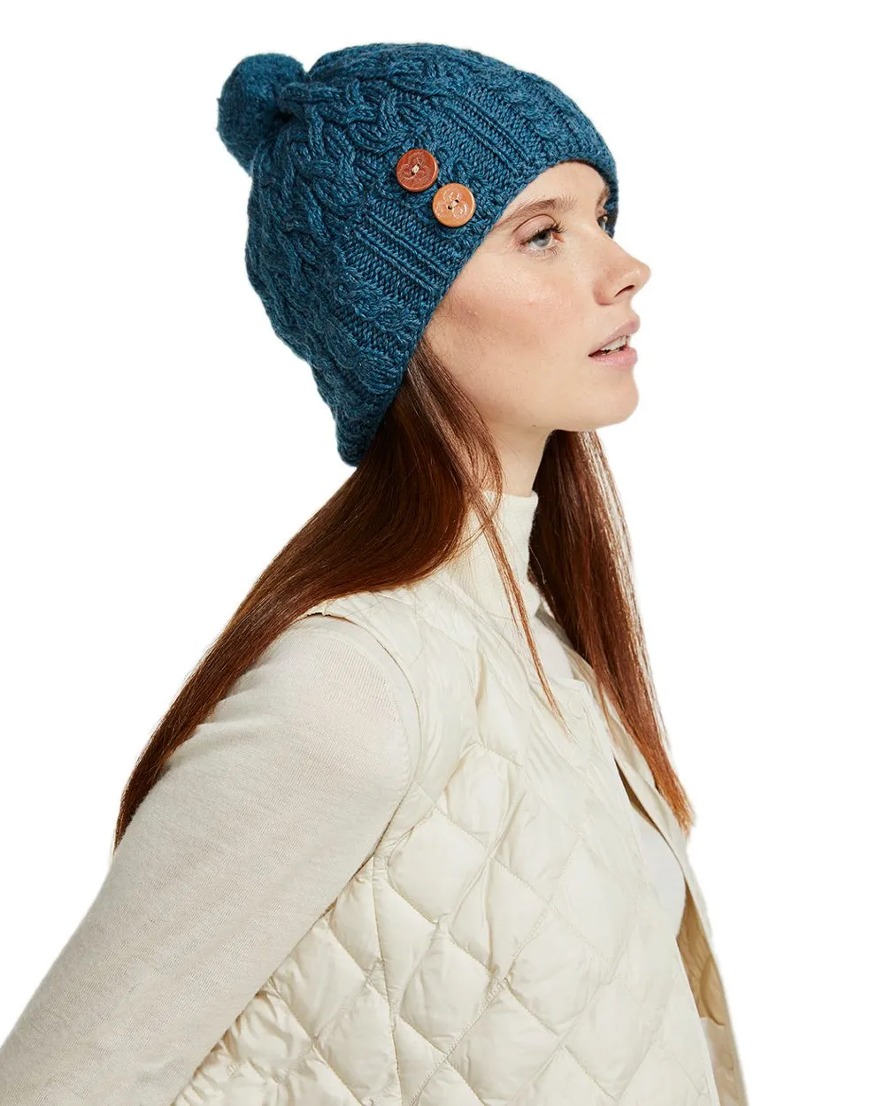 Aran Chunky Knit Button Bobble Hat