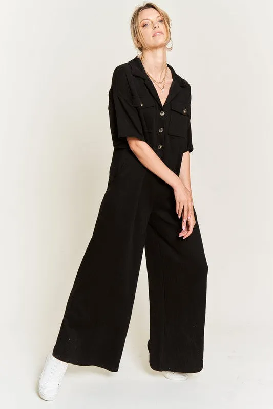 Basic Collar Shirt Wide leg Jumpsuit - Online Exclusive