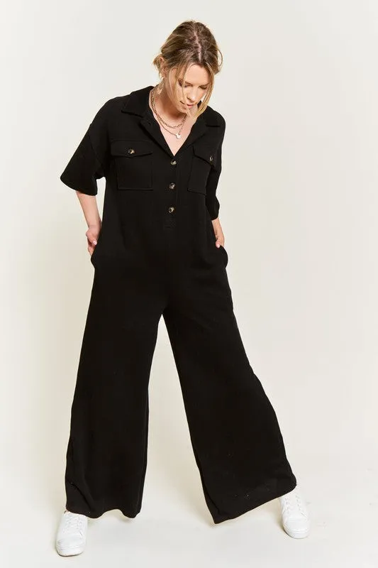 Basic Collar Shirt Wide leg Jumpsuit - Online Exclusive