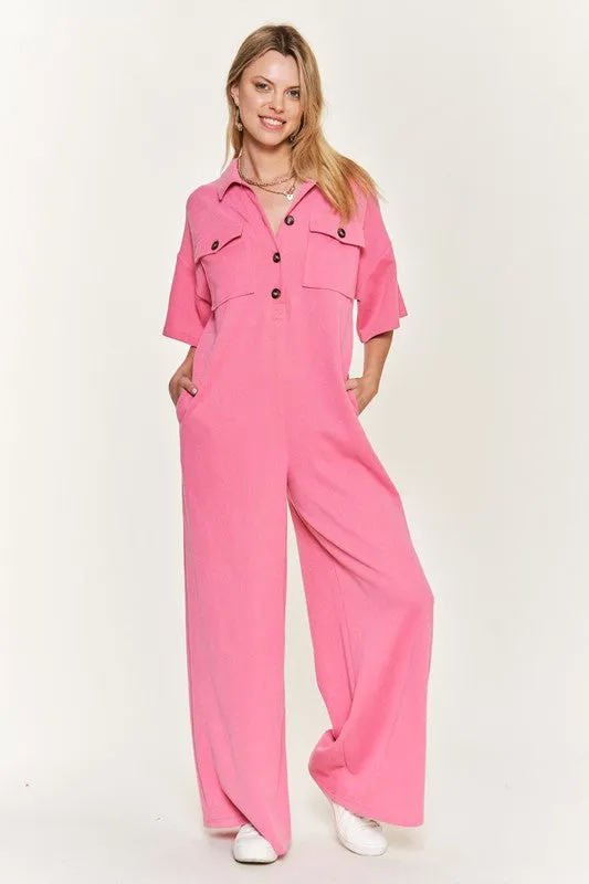 Basic Collar Shirt Wide leg Jumpsuit - Online Exclusive