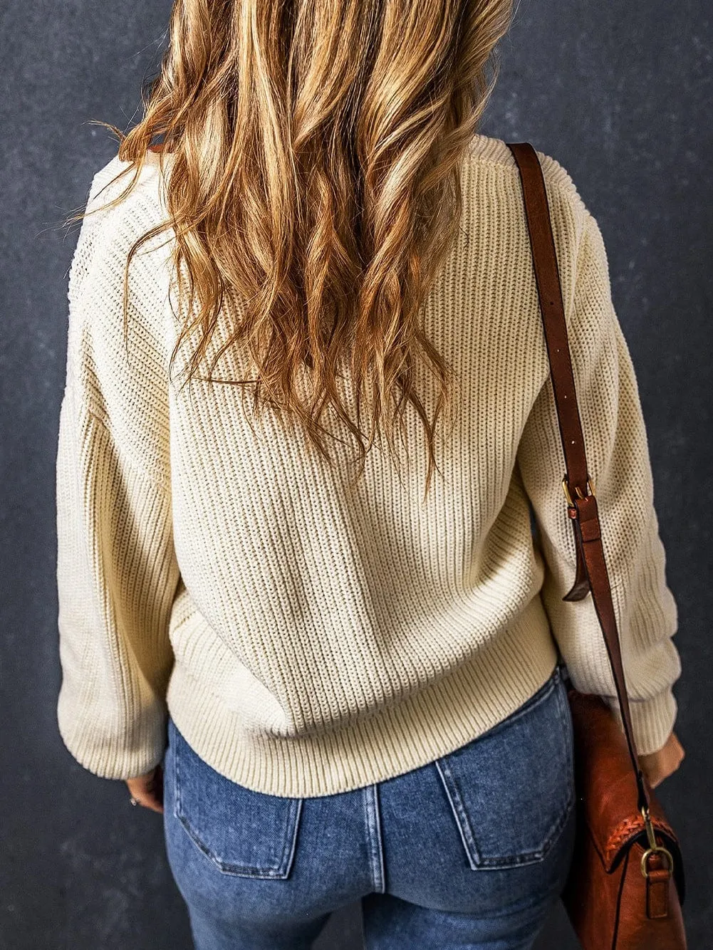 Beige V Neck Button-Up Knit Cardigan