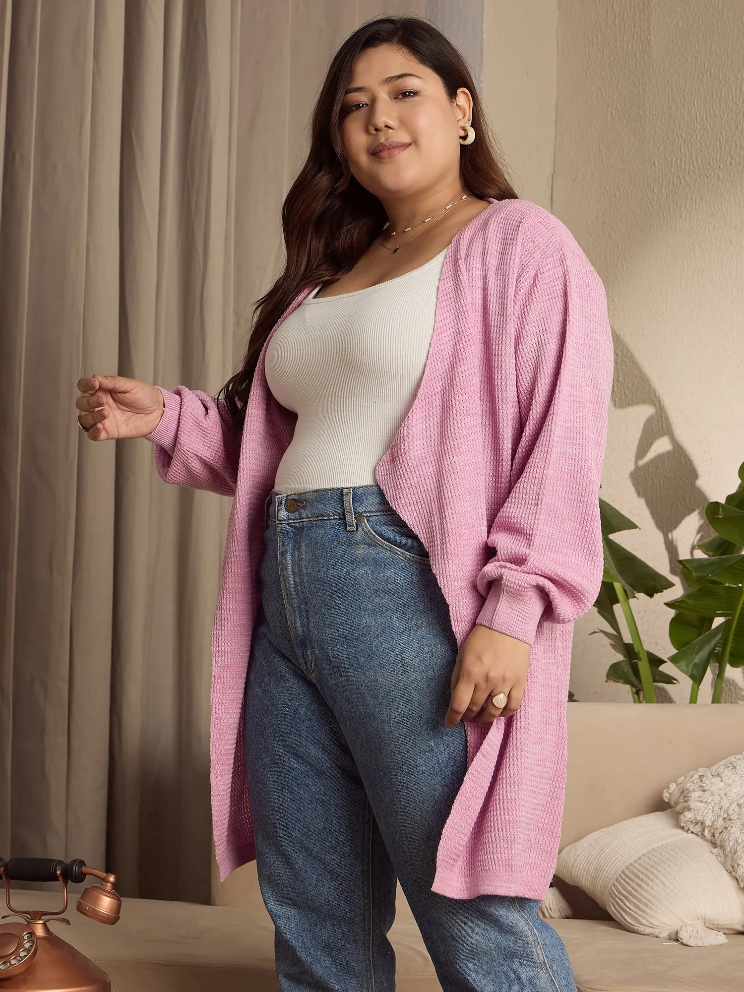 Berrylush Curve Women Solid Purple Open-Front Acrylic Straight Hem Knitted Longline Cardigan