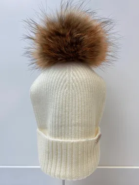 BKLYN Wool Beanie Ivory Hat Tiger Pom Pom