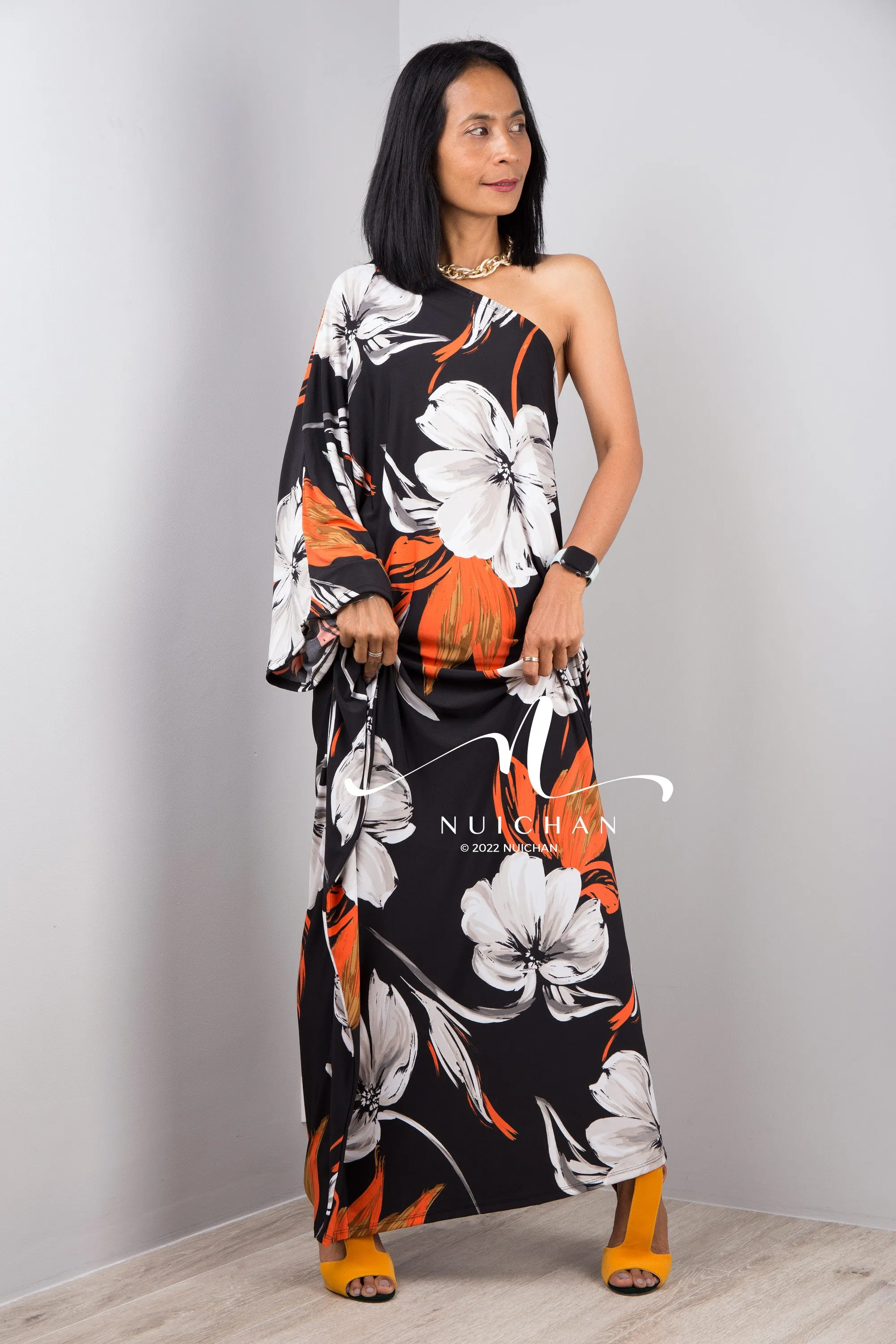 Black One shoulder dress with flower print