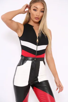 Black Red and White Chevron Zip Front Bodysuit - Elliani