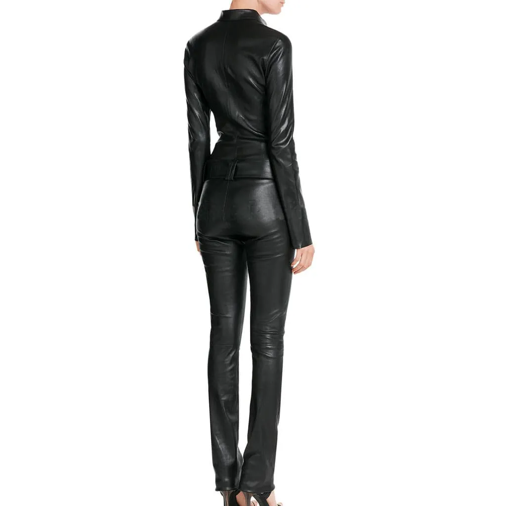 Black Women's Designer Leather Jumpsuit with Belted Waist