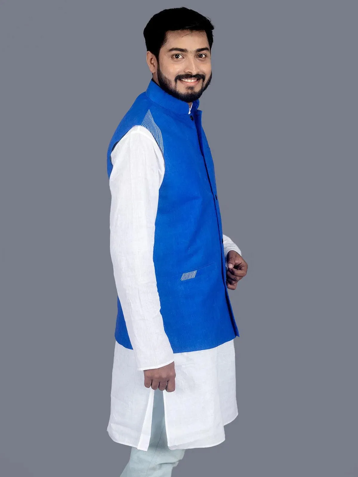 Blue Solid Matka Silk Modi Jacket