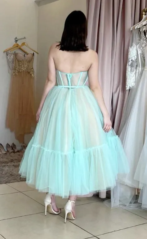 Blue tulle short A line prom dress     fg351