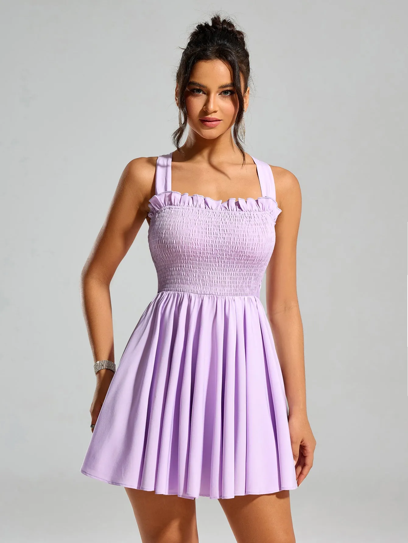 Bow Tie Back Embellished Trim Ruched Dress