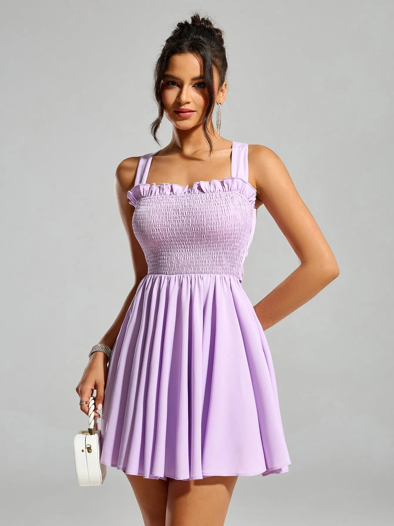 Bow Tie Back Embellished Trim Ruched Dress