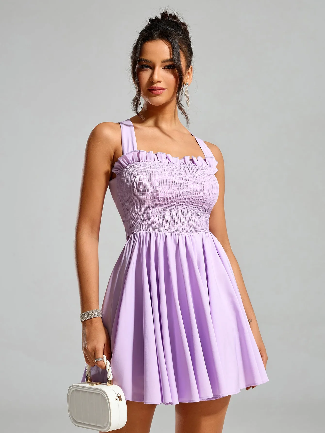 Bow Tie Back Embellished Trim Ruched Dress