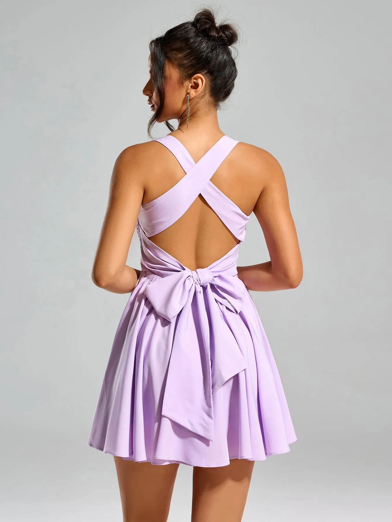 Bow Tie Back Embellished Trim Ruched Dress