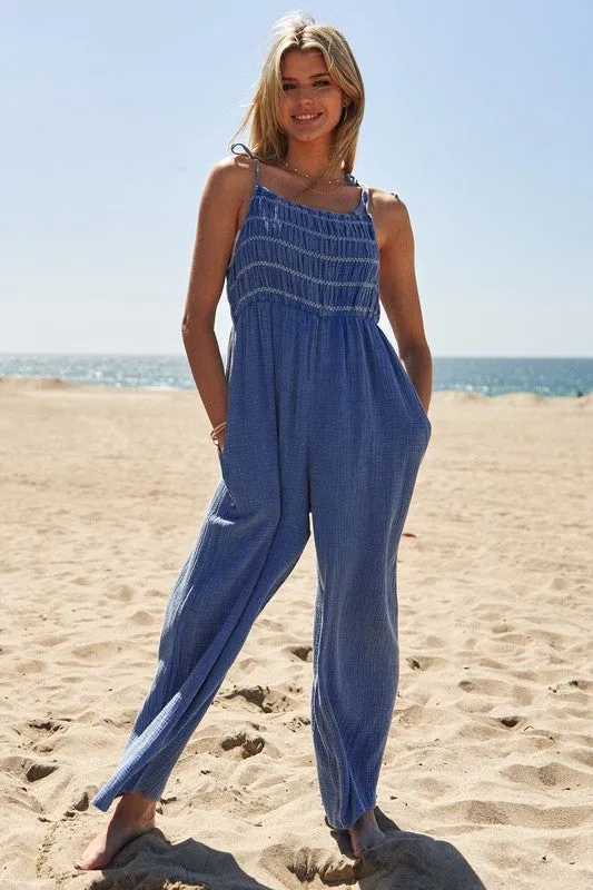 Breezy Escape Sleeveless Smocked Jumpsuit