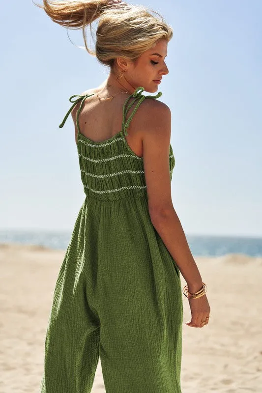 Breezy Escape Sleeveless Smocked Jumpsuit