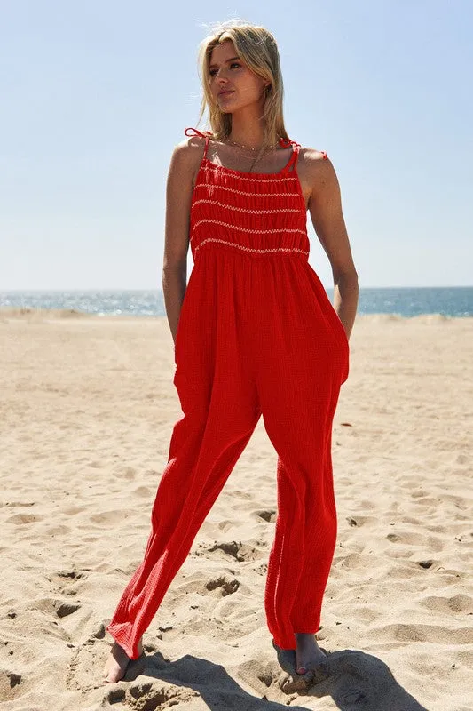 Breezy Escape Sleeveless Smocked Jumpsuit