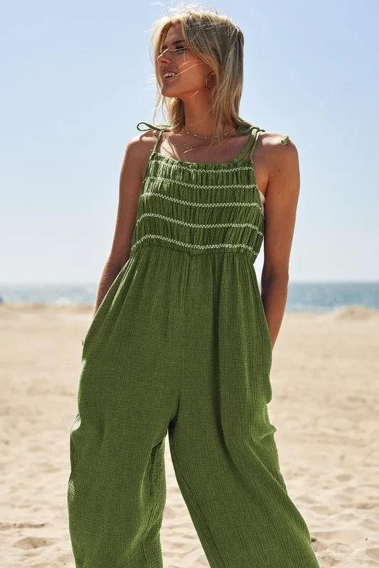 Breezy Escape Sleeveless Smocked Jumpsuit