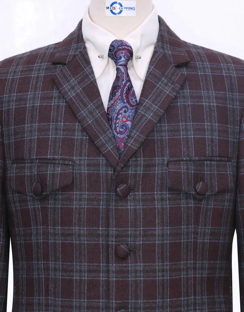 Brown Windowpane Check 4 Button Tweed Jacket  Size 40R