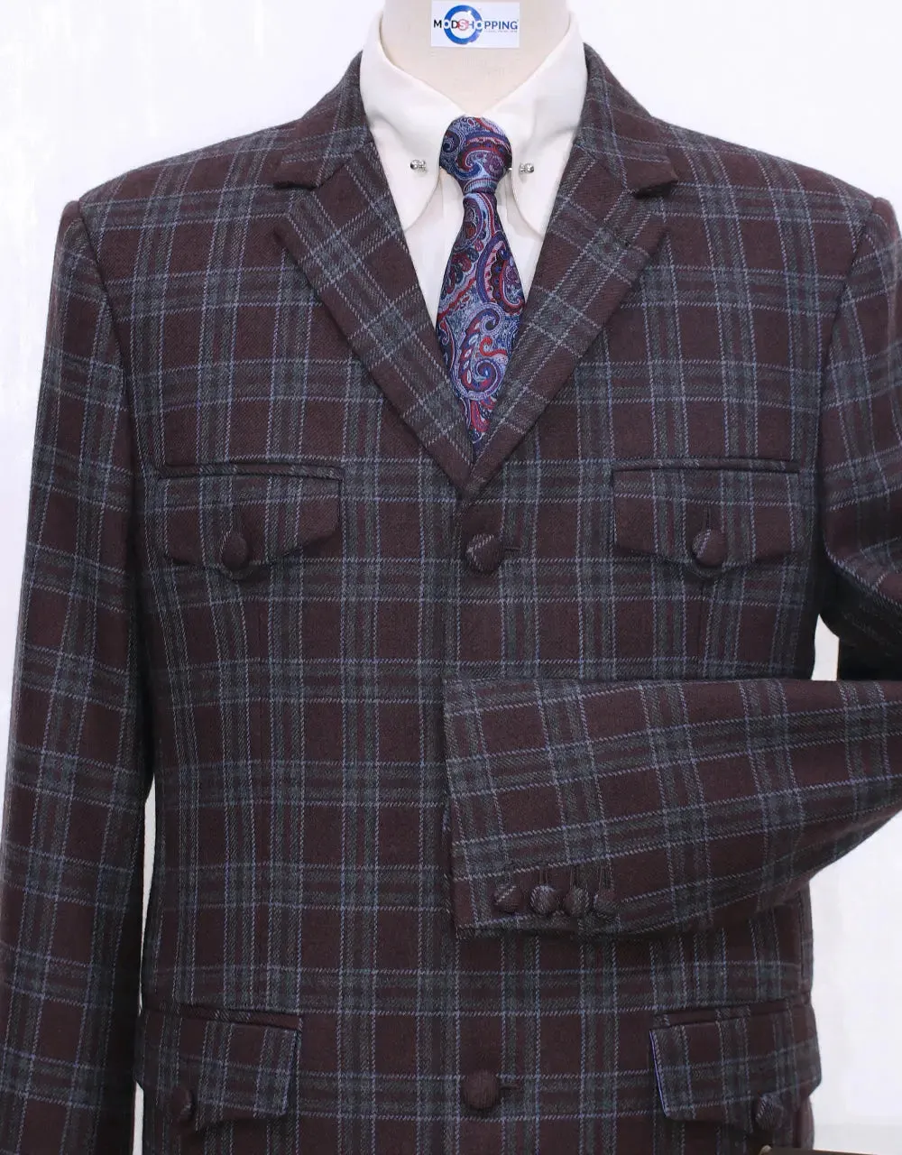 Brown Windowpane Check 4 Button Tweed Jacket  Size 40R