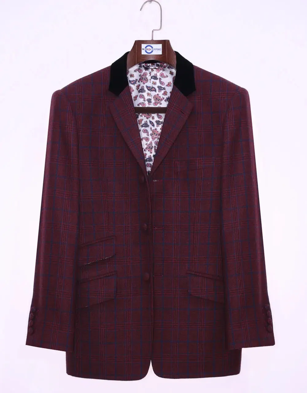 Burgundy Prince Of Wales Check Tweed Jacket Size 38R