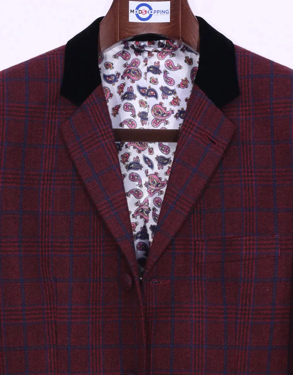 Burgundy Prince Of Wales Check Tweed Jacket Size 38R