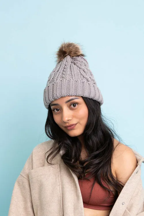 Cable Knit Beanie with Faux Fur Pom