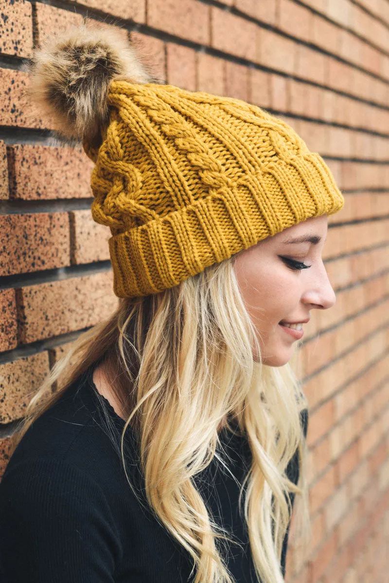 Cable Knit Beanie with Faux Fur Pom