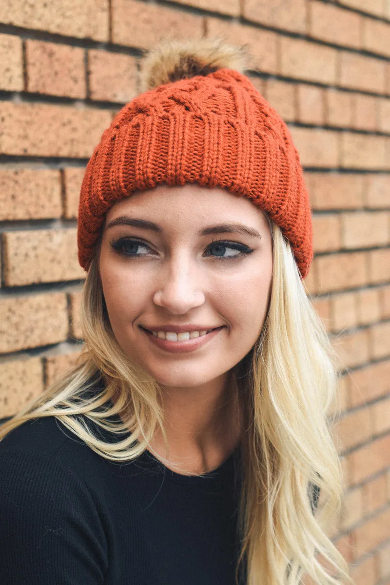 Cable Knit Beanie with Faux Fur Pom