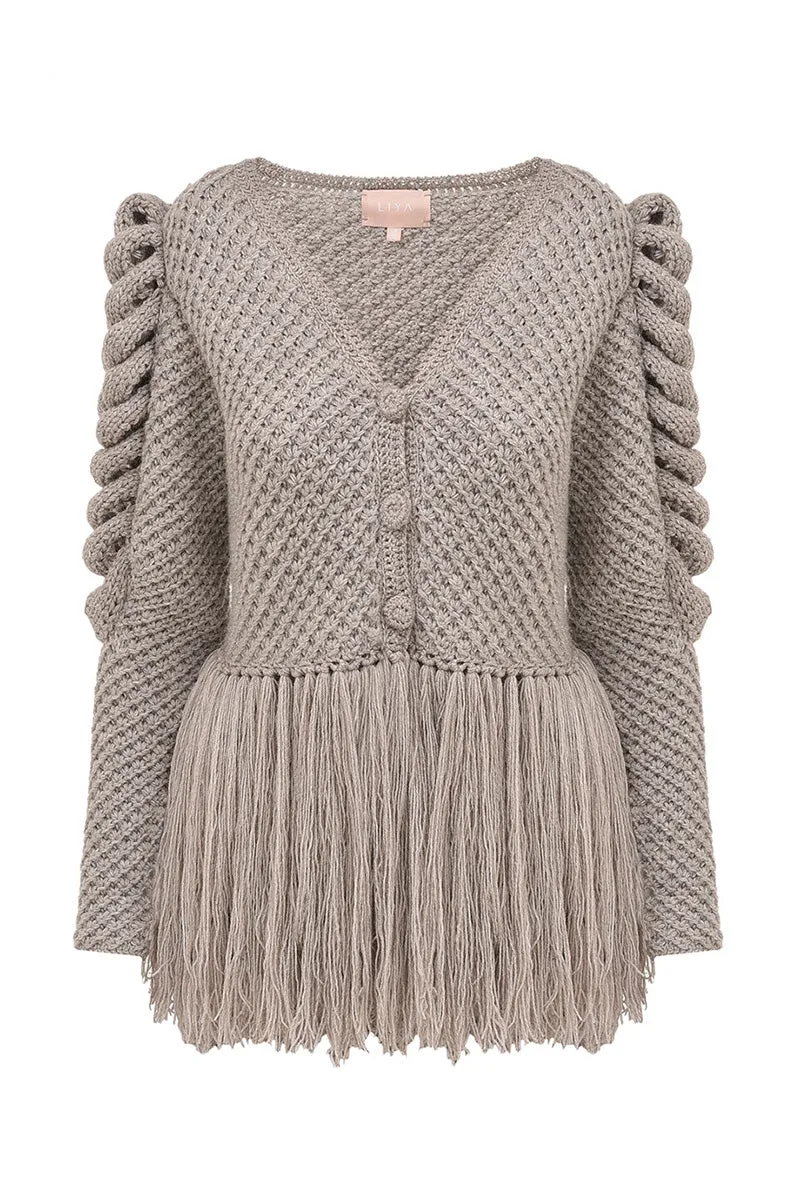 CARDIGAN WITH FRINGES IN GRAY