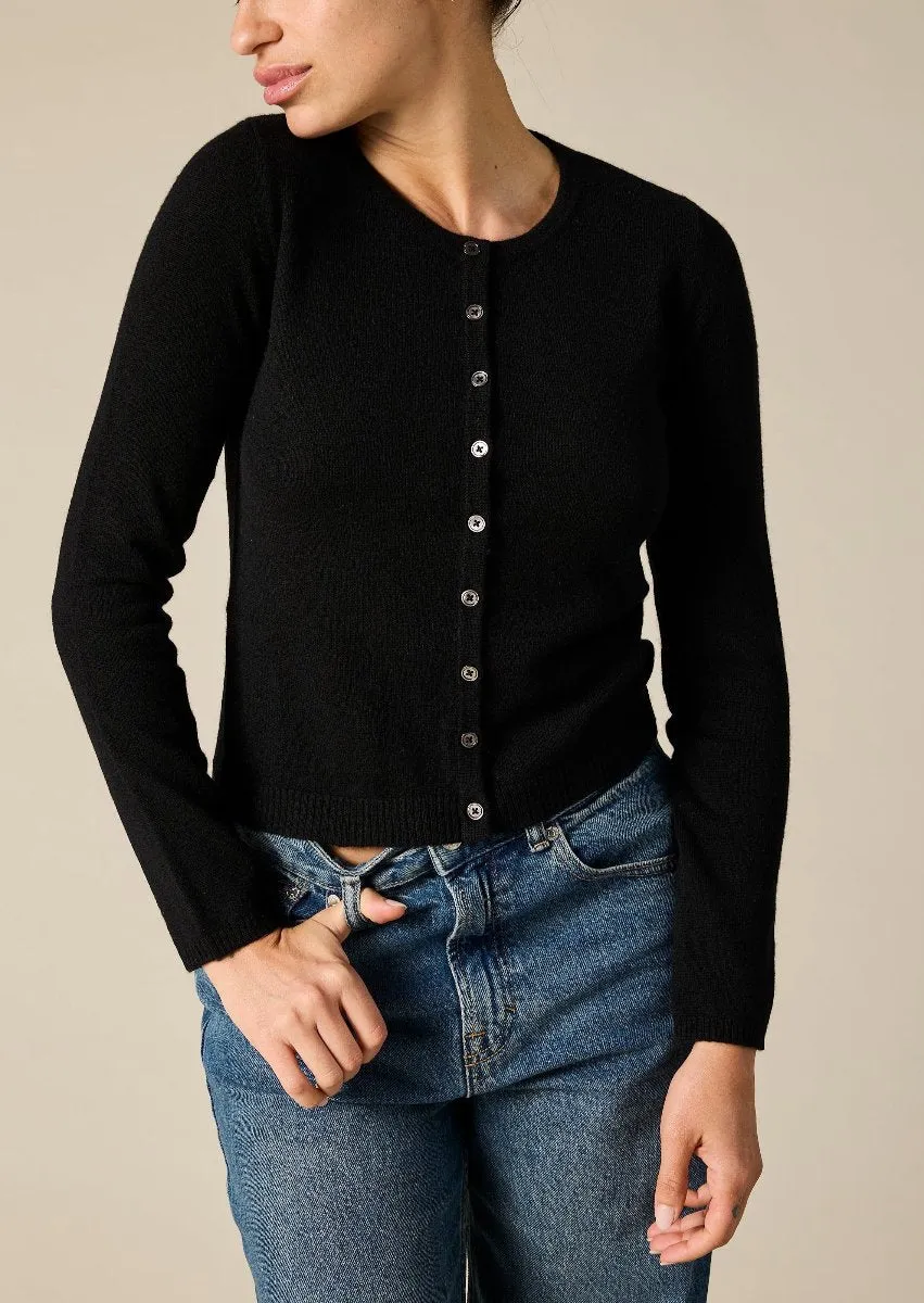 Cashmere Ines Crew Cardigan in Black