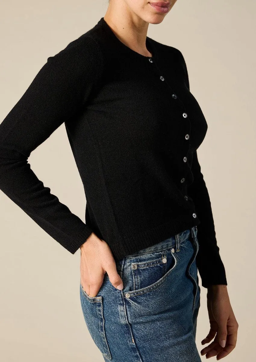 Cashmere Ines Crew Cardigan in Black