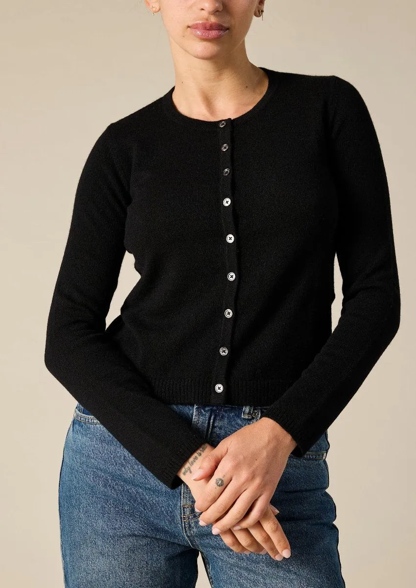 Cashmere Ines Crew Cardigan in Black