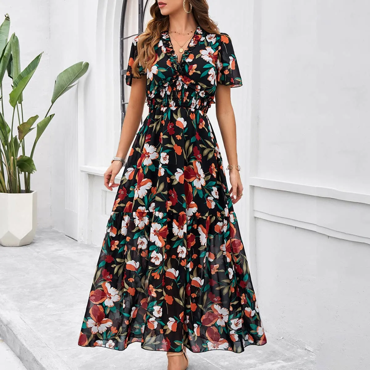 CASUAL PRINT DRESS WITH WAIST_CWDMD1953