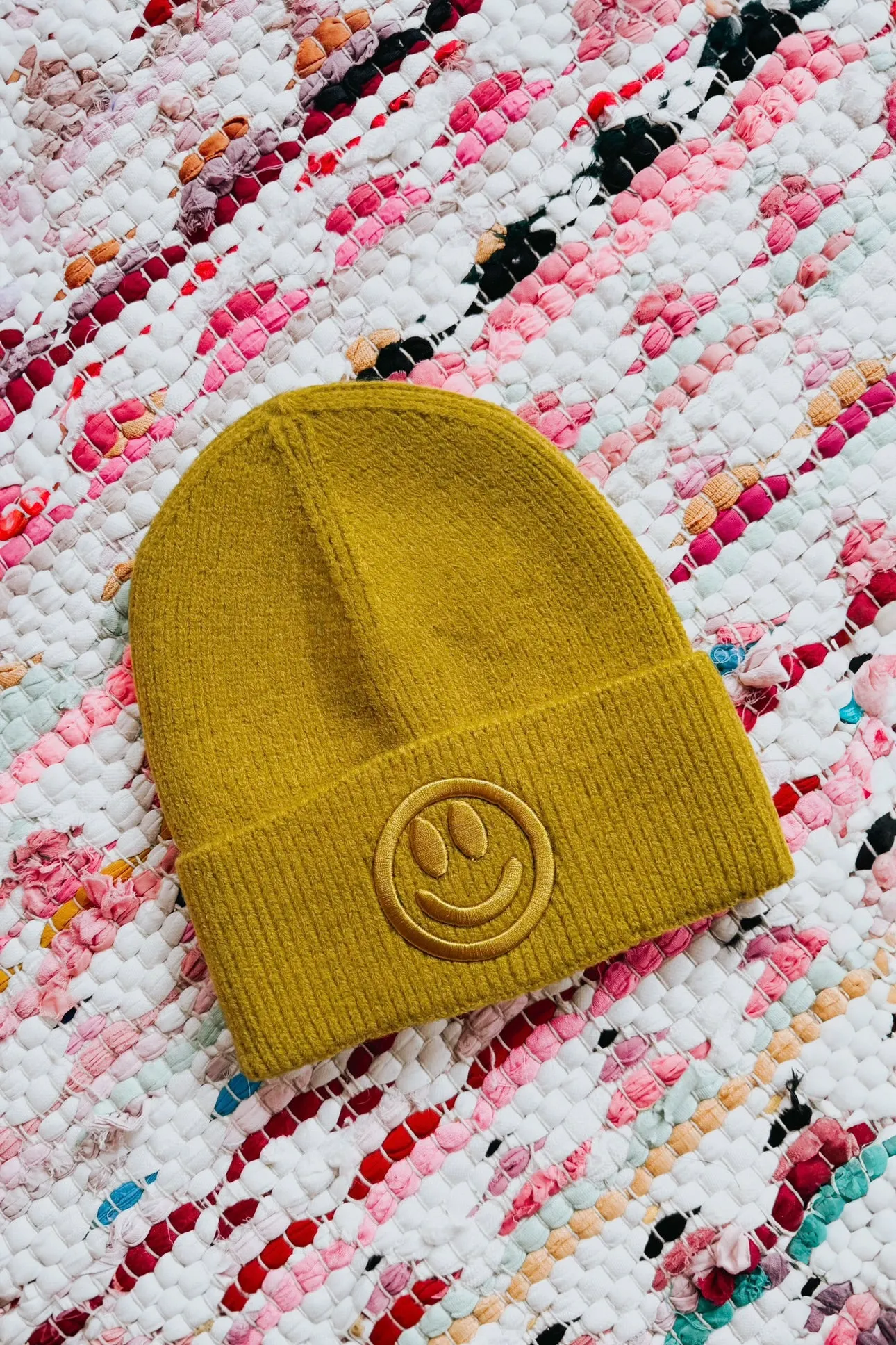 Cause I’m Happy Embroidered Ribbed Knit Beanie