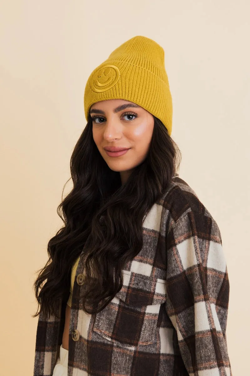 Cause I’m Happy Embroidered Ribbed Knit Beanie