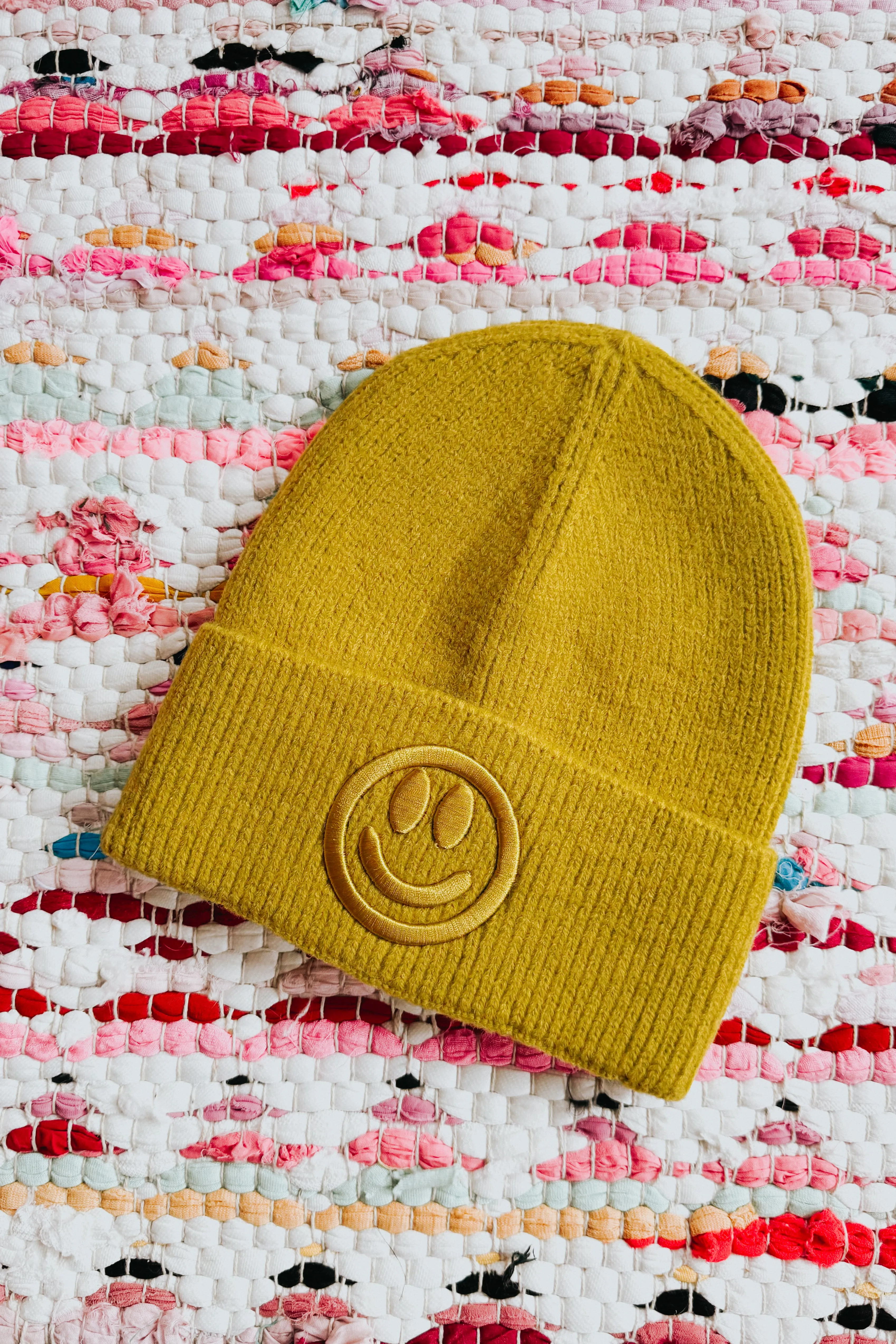 Cause I’m Happy Embroidered Ribbed Knit Beanie