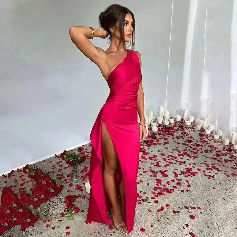 Charming One-shoulder Backless Split Dress Summer Elegant Slim-fit Solid Color Satin Dresses For Women