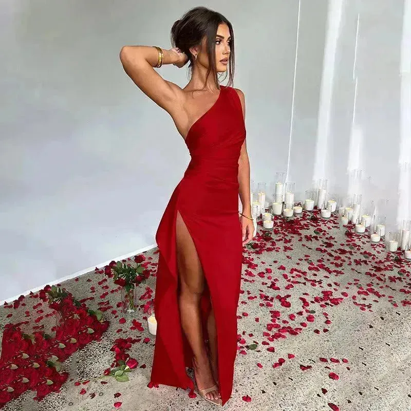 Charming One-shoulder Backless Split Dress Summer Elegant Slim-fit Solid Color Satin Dresses For Women