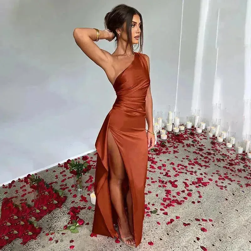 Charming One-shoulder Backless Split Dress Summer Elegant Slim-fit Solid Color Satin Dresses For Women