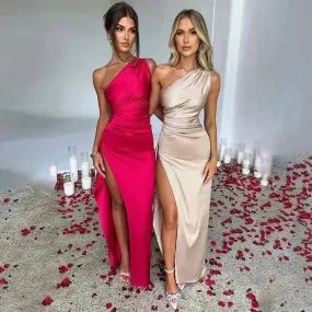 Charming One-shoulder Backless Split Dress Summer Elegant Slim-fit Solid Color Satin Dresses For Women