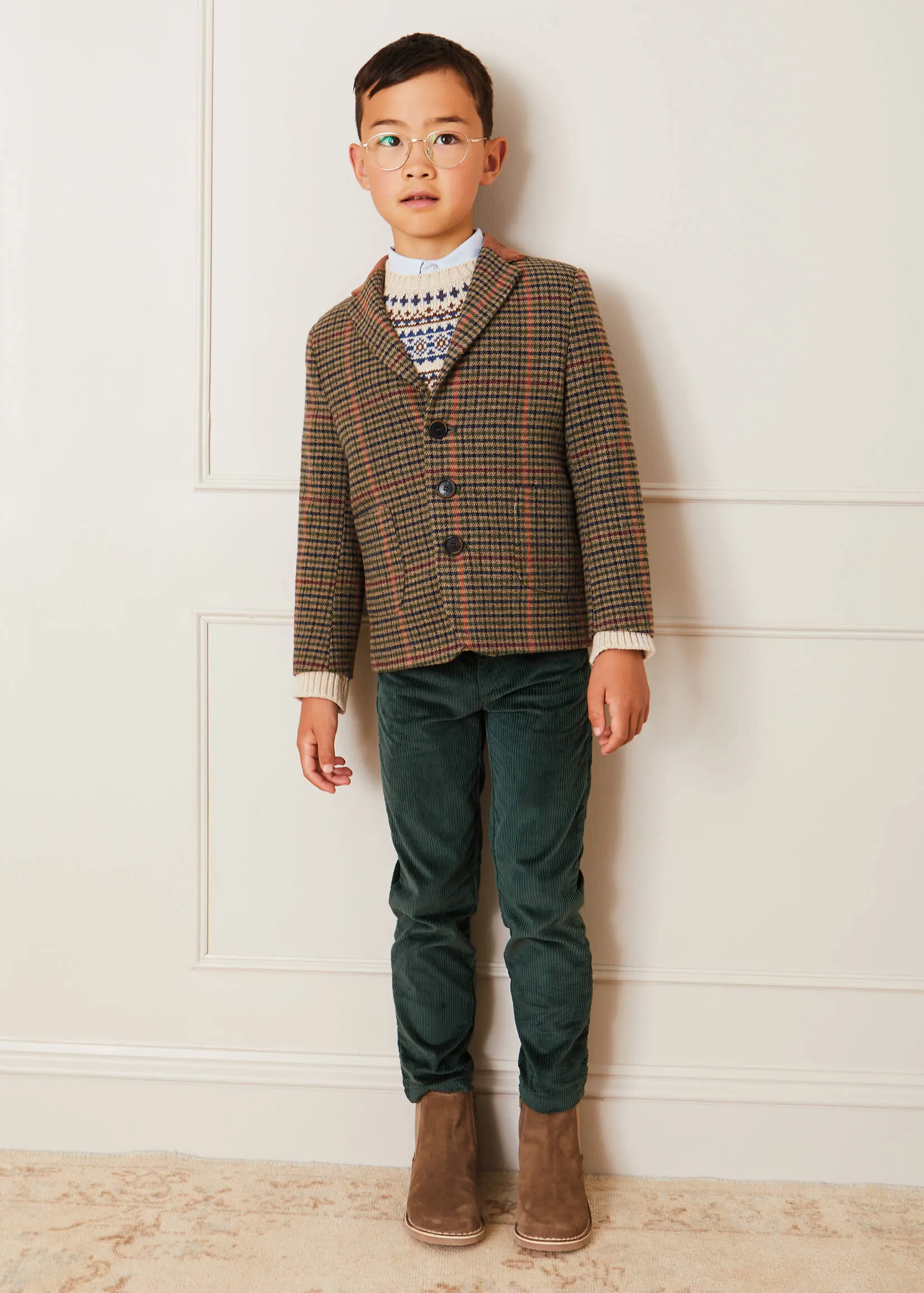 Check Tweed Three Button Blazer Jacket In Brown (4-10yrs)