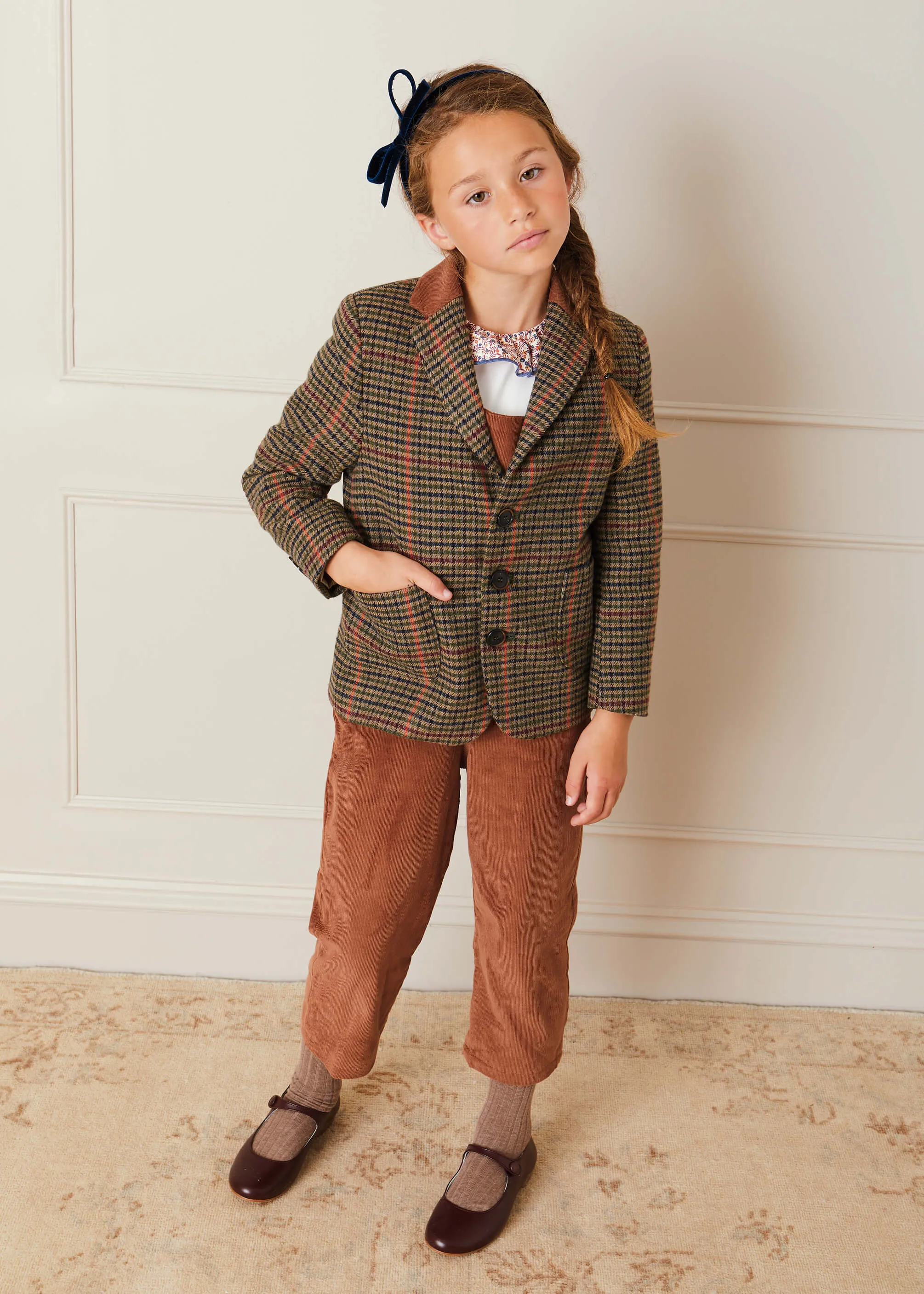 Check Tweed Three Button Blazer Jacket In Brown (4-10yrs)