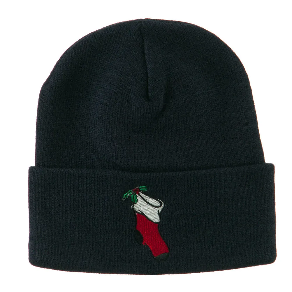 Christmas Stocking with Mistletoe Embroidered Long Beanie