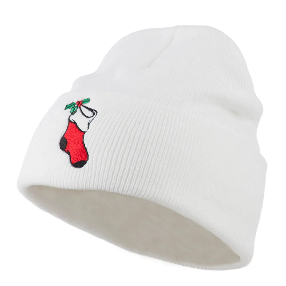 Christmas Stocking with Mistletoe Embroidered Long Beanie