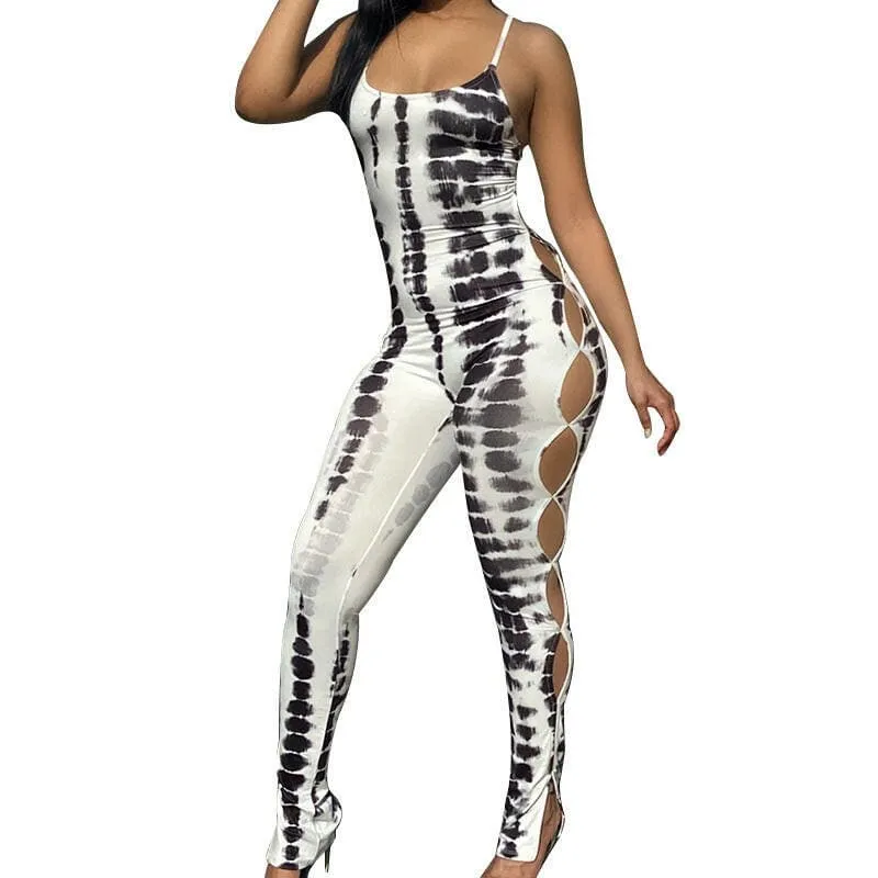 Chromatic Aberration Casual Womens Printed Sling Jumpsuit with Cutouts