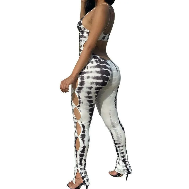 Chromatic Aberration Casual Womens Printed Sling Jumpsuit with Cutouts