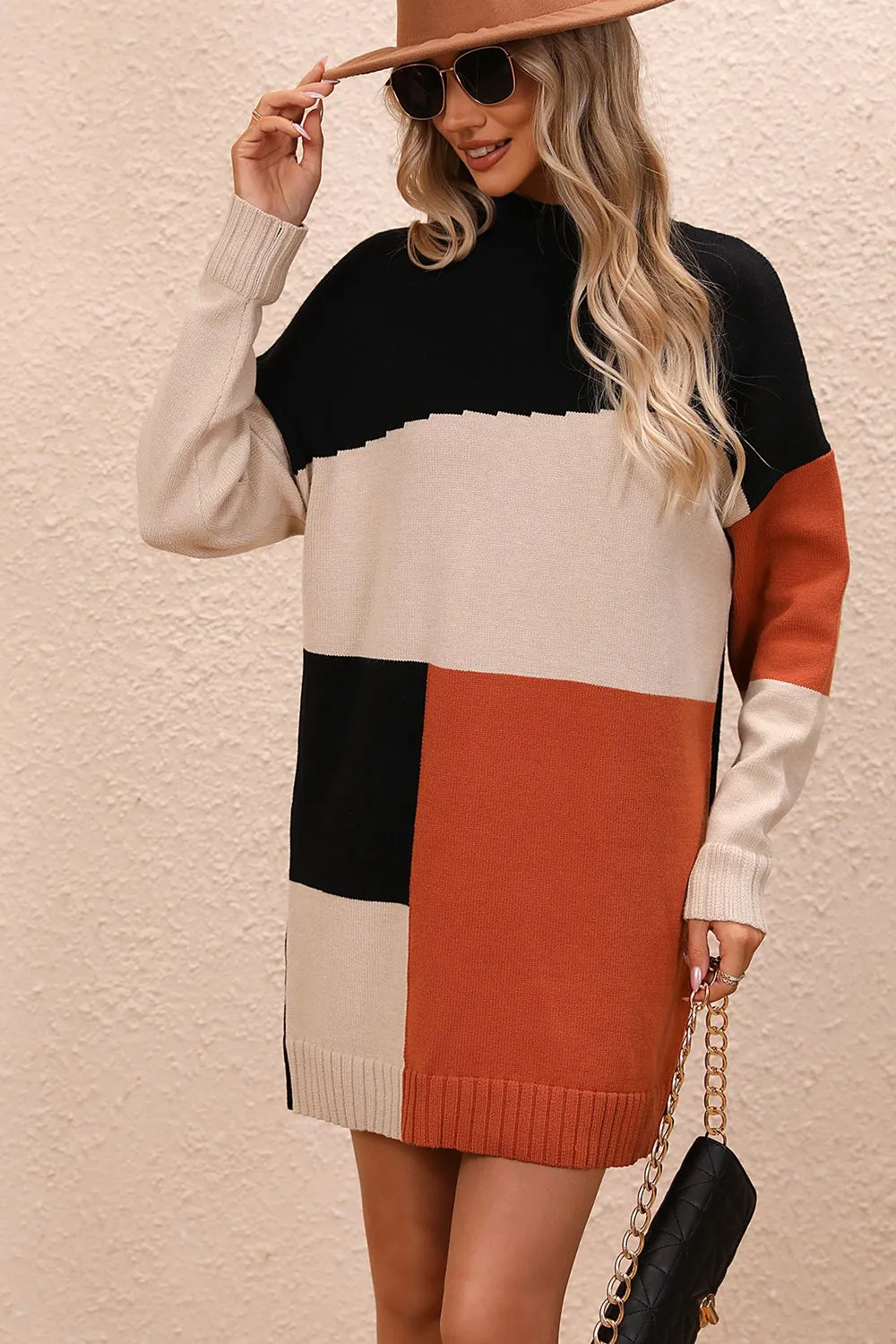 Cool Vibes Mock Neck Dropped Shoulder Sweater Dress