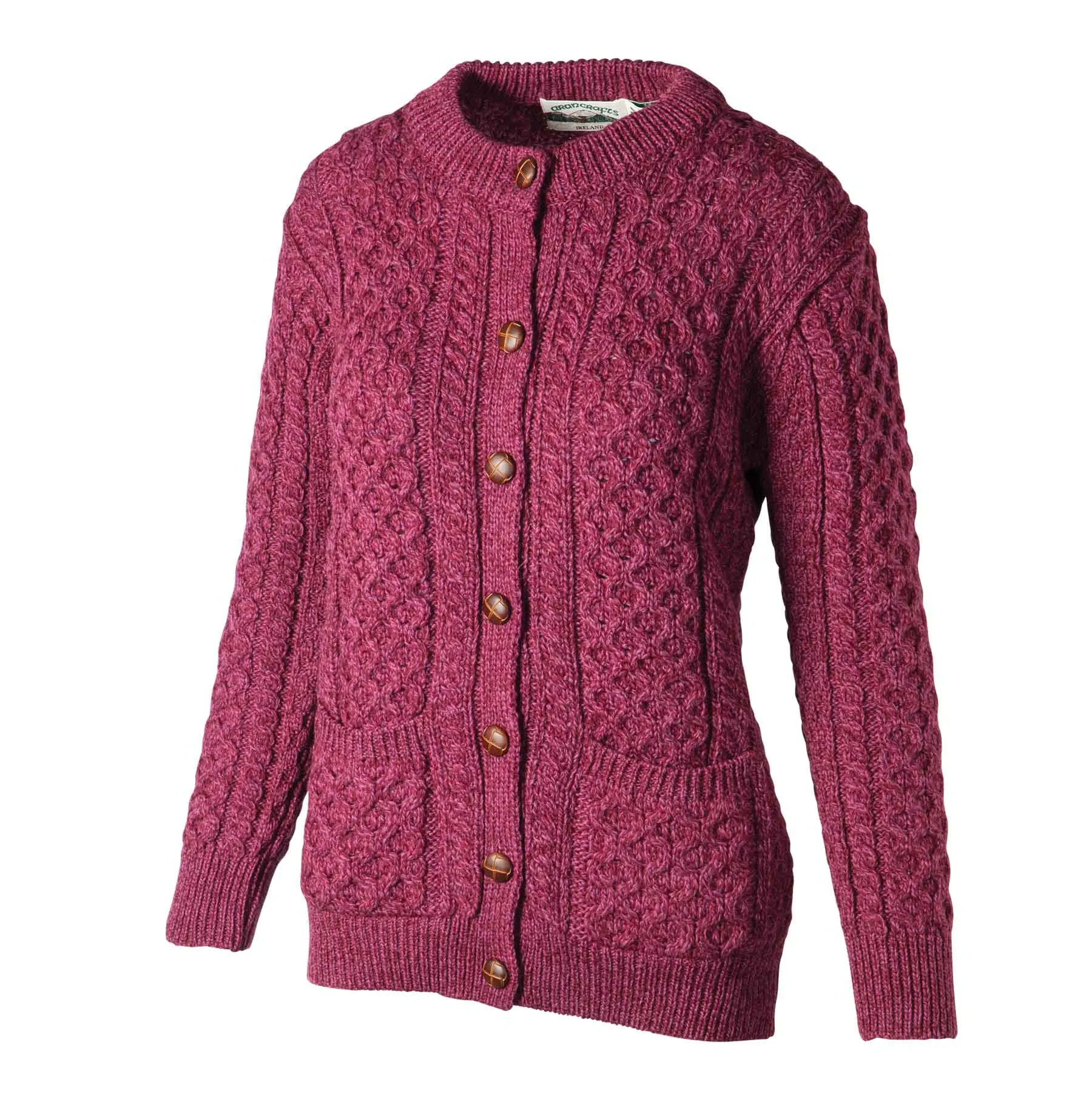 Curragh Leather Button Aran Knit Cardigan- Wine