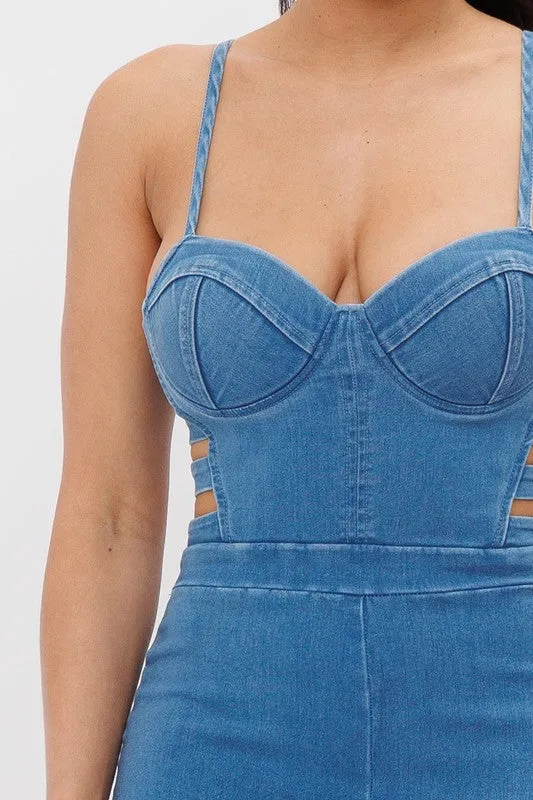 DENIM SPAGEHTTI STRAP JUMPSUIT WITH SIDE CUTOUTS